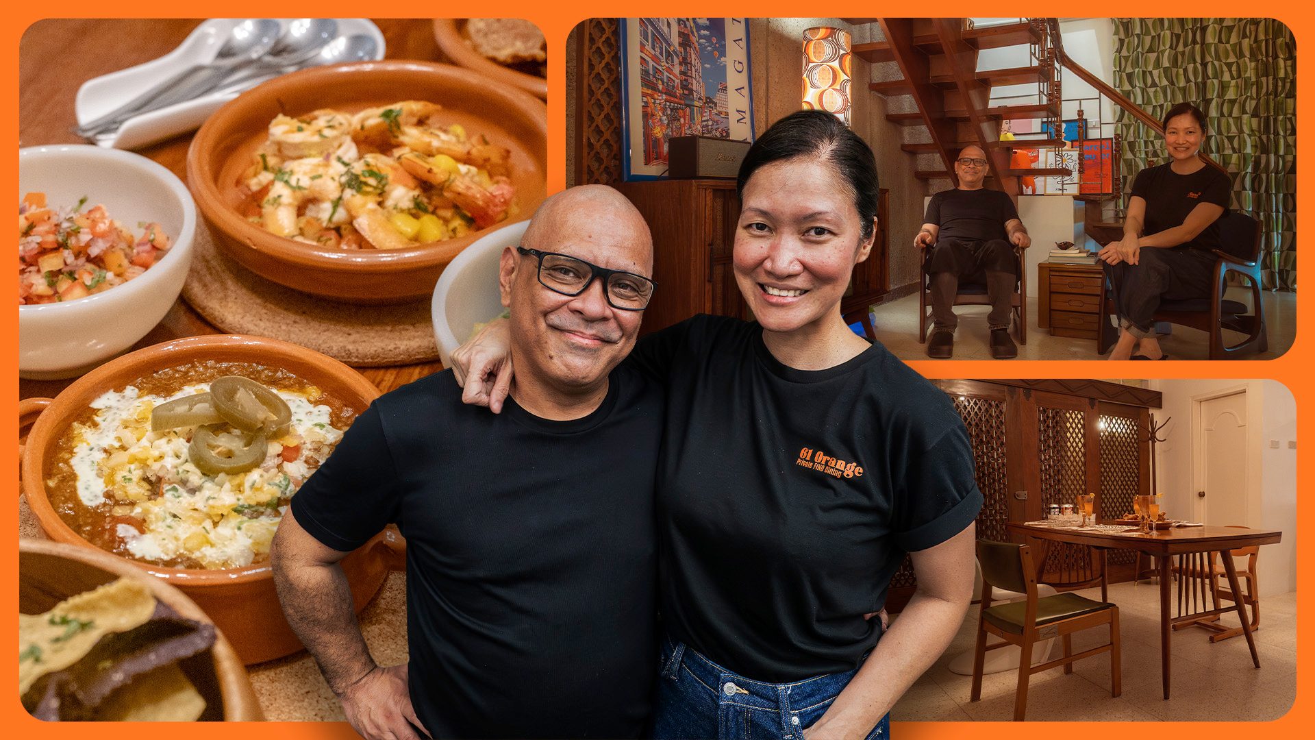 Chef Nats and Ethel of 61 Orange with food spread and mid-century interior